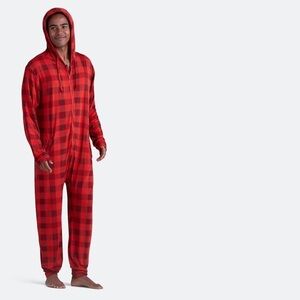 MeUndies Men’s Hooded One Piece Pajamas Red Plaid Onesie Size XS